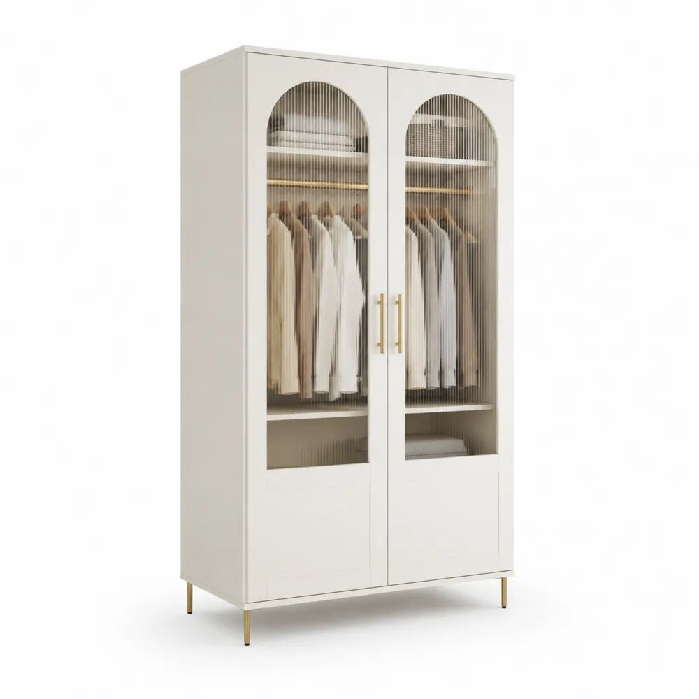 Armoire-penderie 2 portes en MDF et verre cannelé blanc cassé et doré 100 × 50 × 190 cm