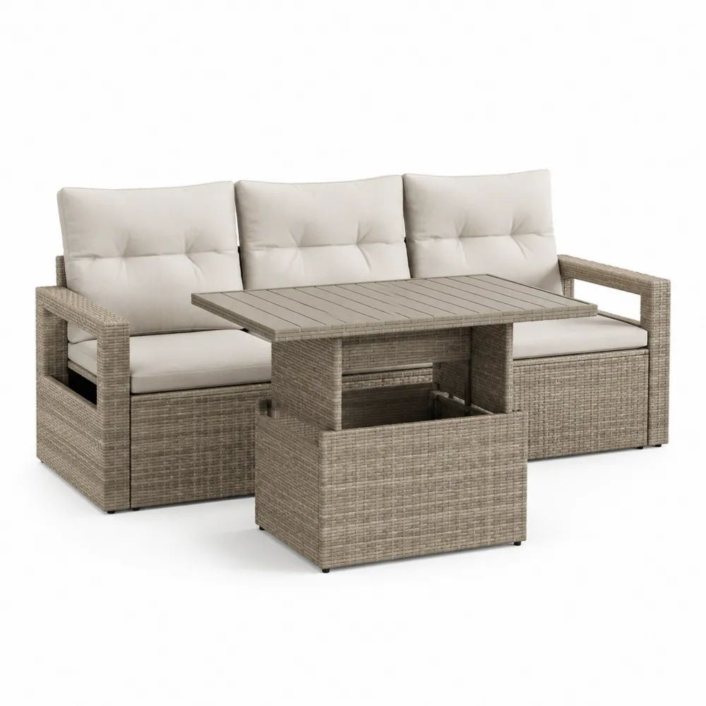 Salon de jardin extérieur 4 pièces en polyéthylène tressé, canapé 3 places 192 × 75 × 78 cm et table 120 × 70 × 65 cm, taupe et beige
