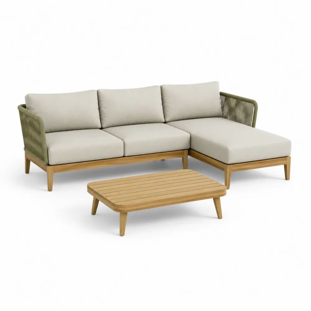 Salon de jardin d’angle 3 places en bois, métal et corde, beige, vert olive et bois naturel, canapé 218 × 148 × 74 cm et table basse 100 × 60 × 35 cm