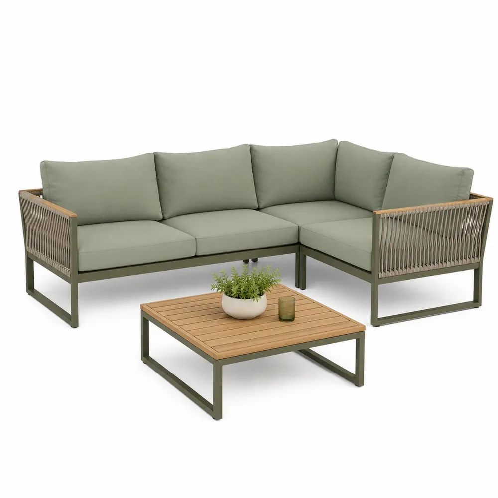 Salon de jardin d’angle extérieur 4 places avec table basse, acier, corde PP et bois, vert sauge, canapé 228 × 168 × 76 cm, table 80 × 80 × 38 cm