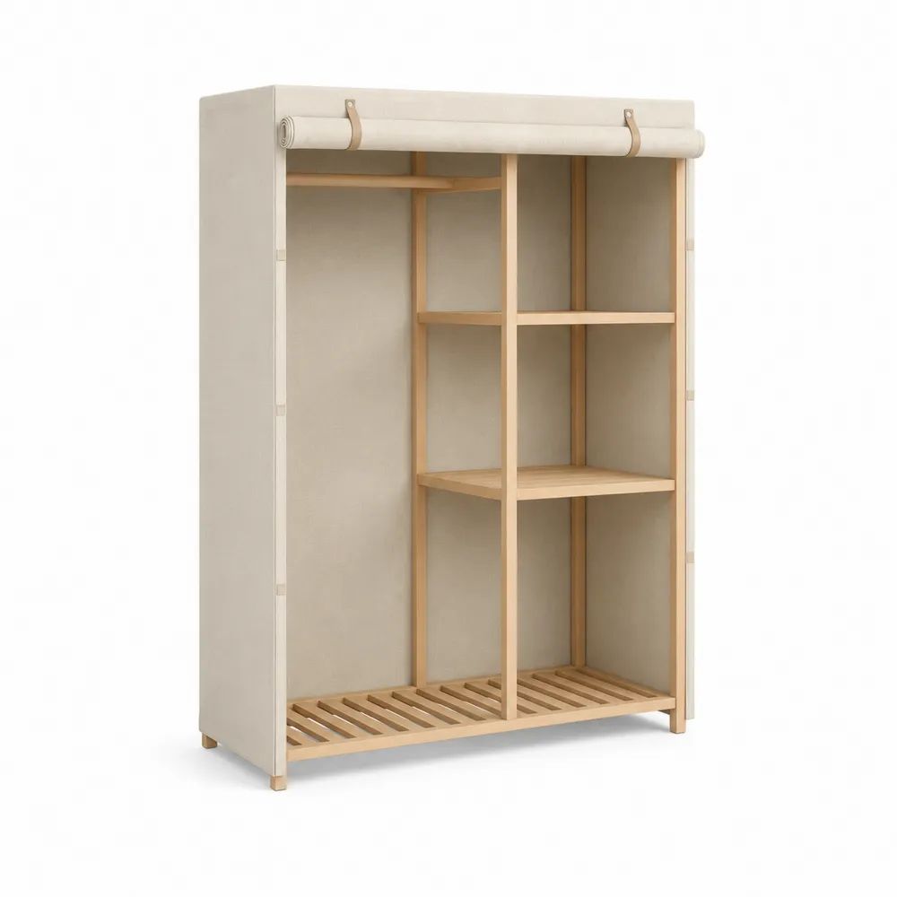 Armoire penderie en bambou massif avec housse en polyester, 120 × 45 × 170 cm, beige et brun clair