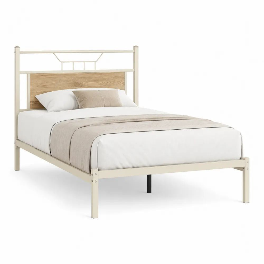 Lit double 140 × 190 cm avec sommier intégré, cadre en acier beige et tête de lit en MDF décor chêne clair, 198 × 146 × 110 cm