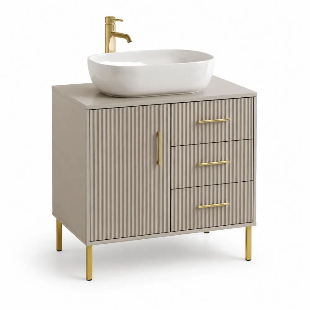 Meuble sous-vasque sur pieds en MDF taupe et métal doré, façade cannelée, 3 tiroirs et 1 porte, 80 × 45 × 80 cm