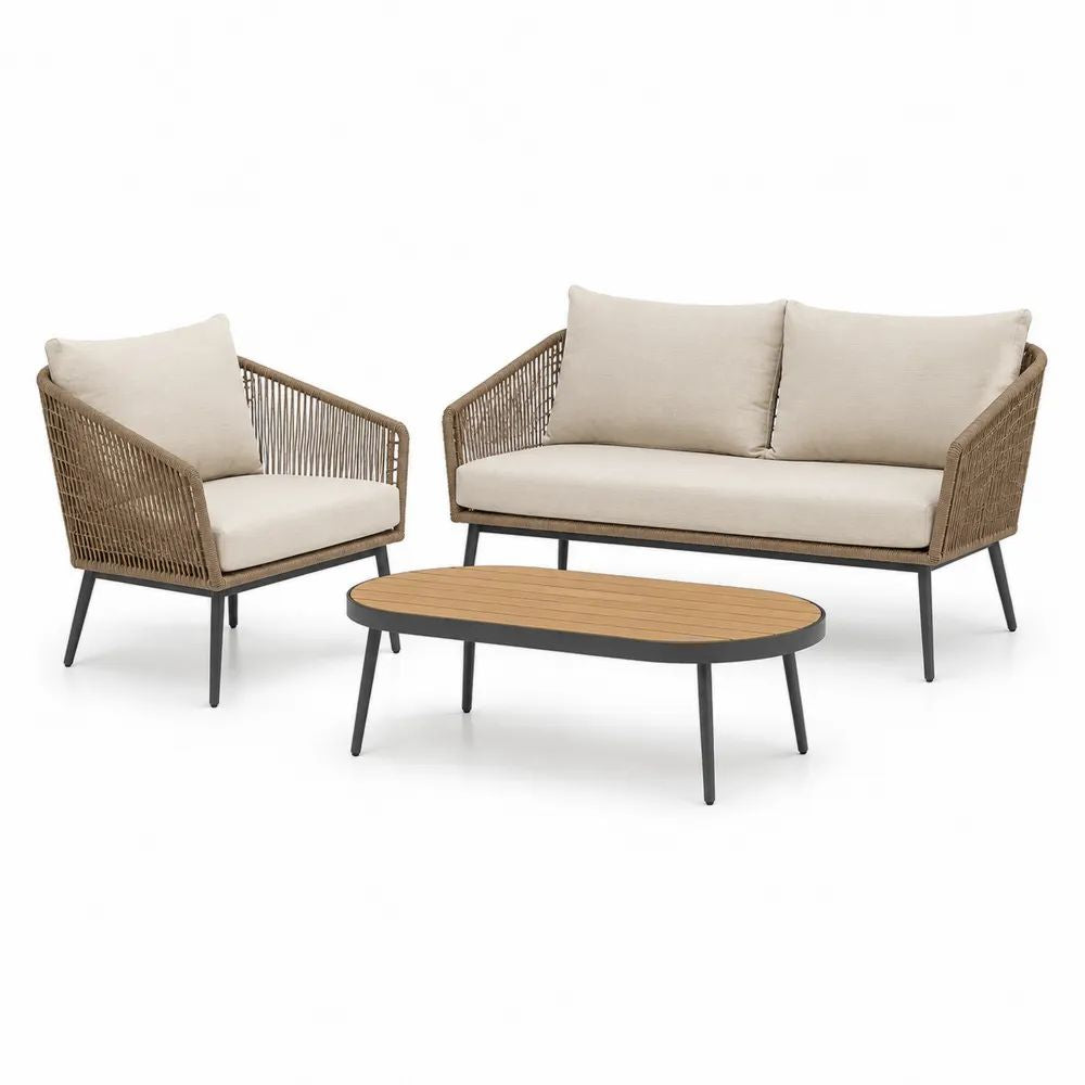 Salon de jardin extérieur 3 pièces et 3 places en acier et corde PE, beige, taupe, noir et brun clair – canapé 150 × 75 × 79 cm, fauteuil 73 × 75 × 79 cm et table ovale 110 × 55 × 38 cm