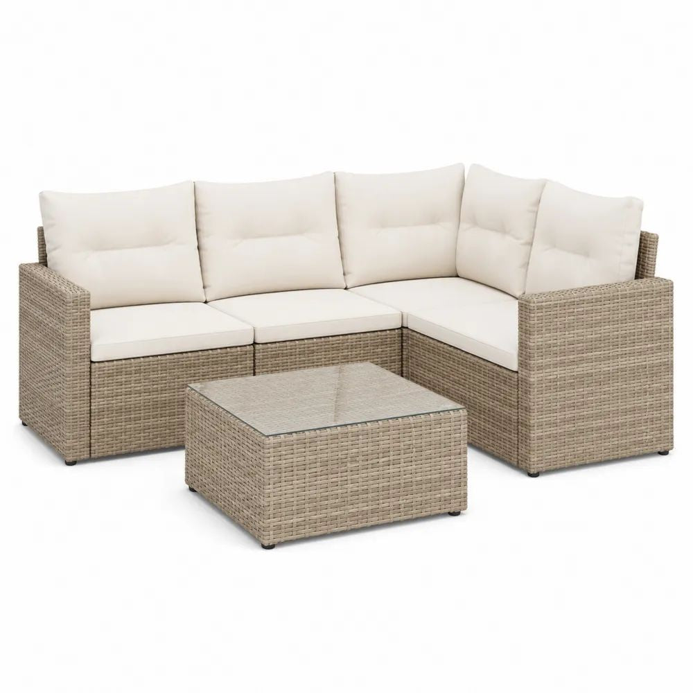 Salon de jardin d’angle extérieur 5 places en résine tressée beige avec coussins crème, canapé 229 x 229 x 64 cm et table basse 70 x 70 x 35 cm