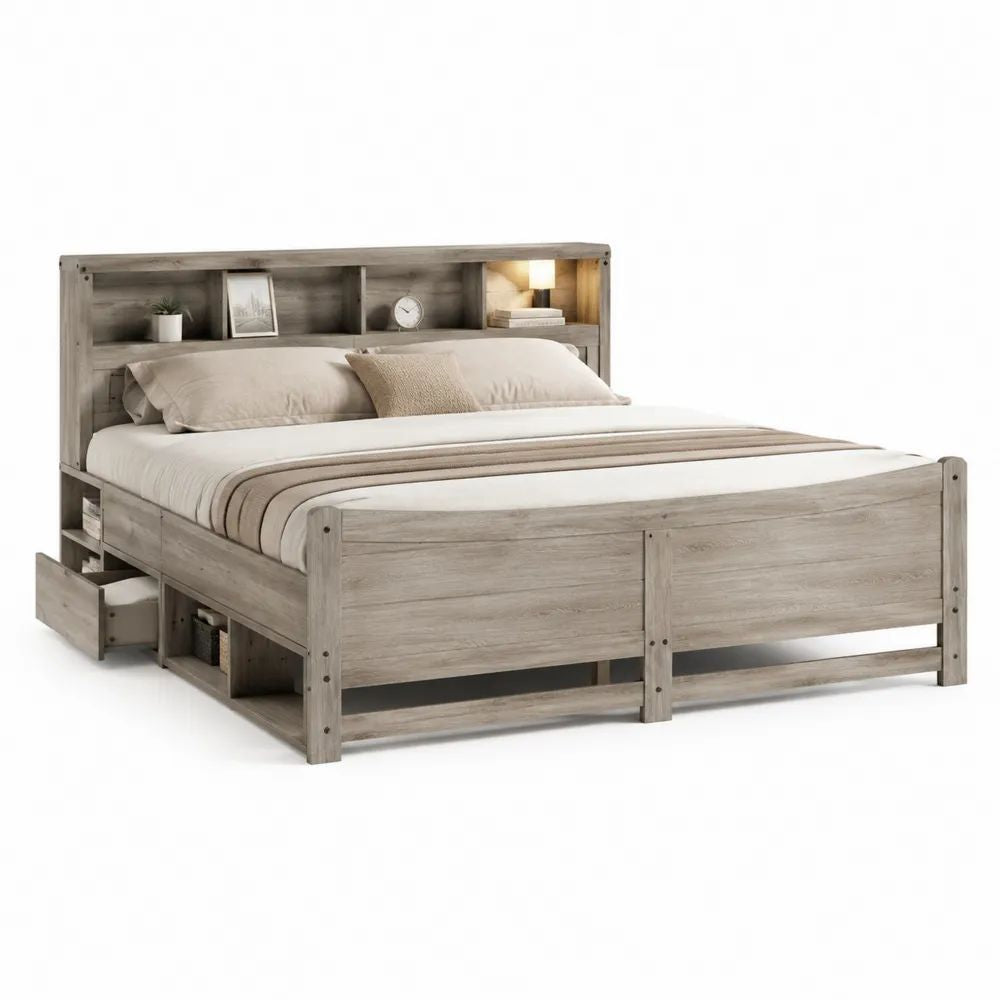 Lit double 160 x 200 cm en bois gris, 219 x 171 x 145 cm, avec tête de lit bibliothèque, 2 tiroirs et niches de rangement