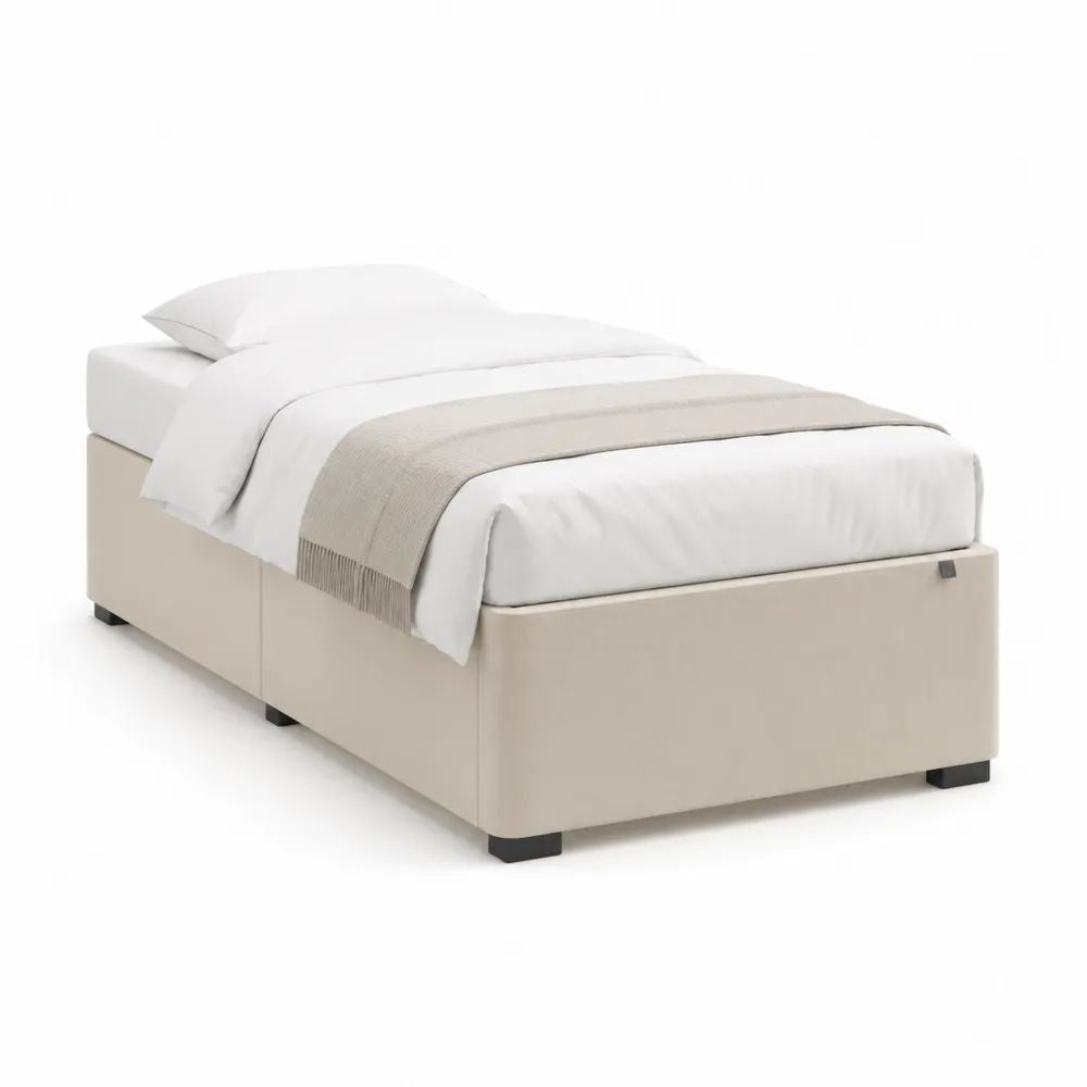 Lit coffre 1 place en polyester et panneaux de bois d’ingénierie beige, couchage 90 x 190 cm