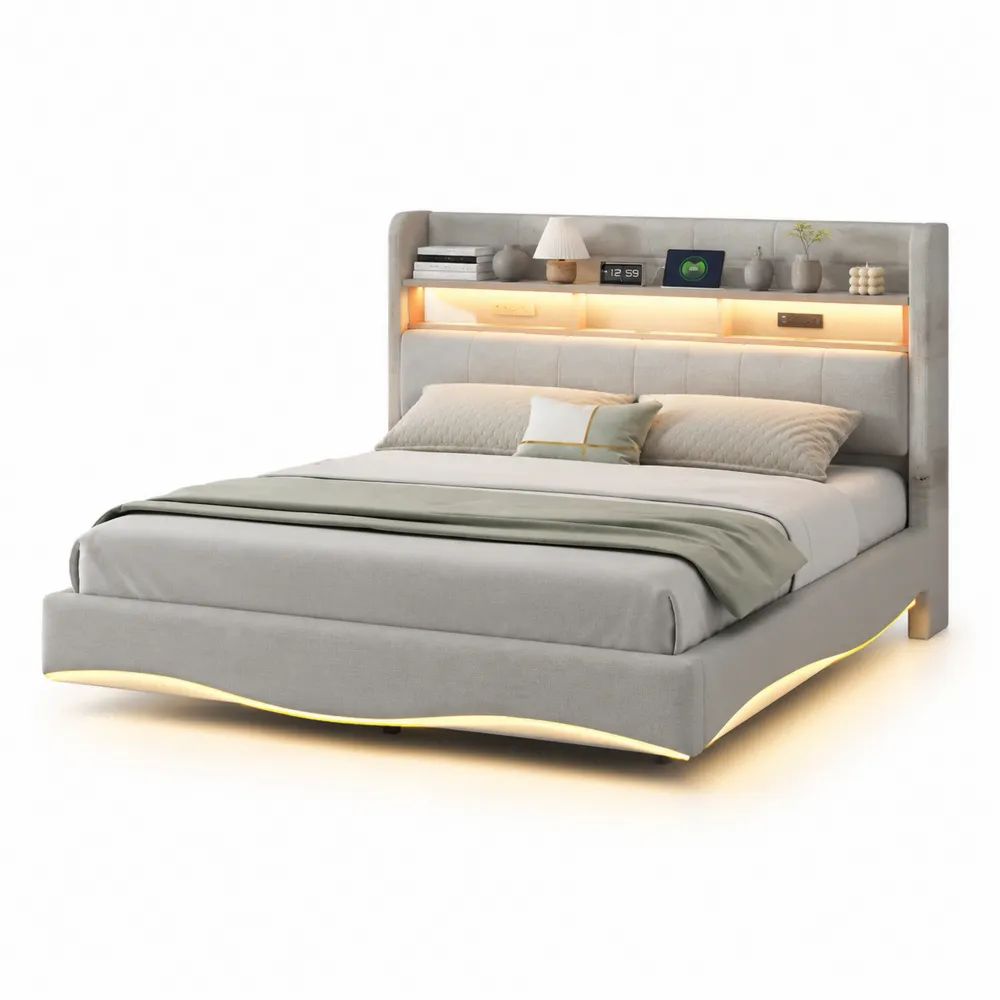 Lit double rembourré gris clair 160 × 200 cm en polyester avec tête de lit à étagère, éclairage LED et ports USB