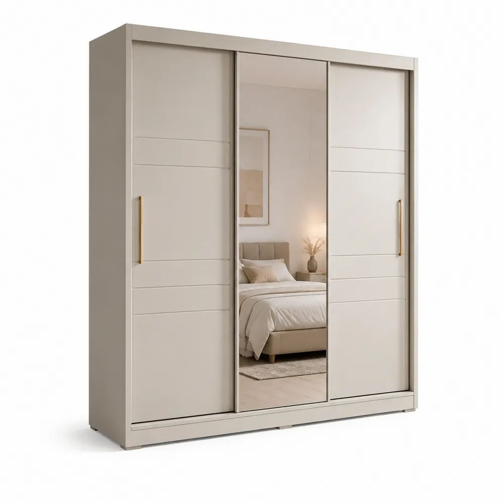 Armoire-penderie à 3 portes coulissantes avec miroir en panneaux de particules mélaminés greige, 180 × 55 × 220 cm