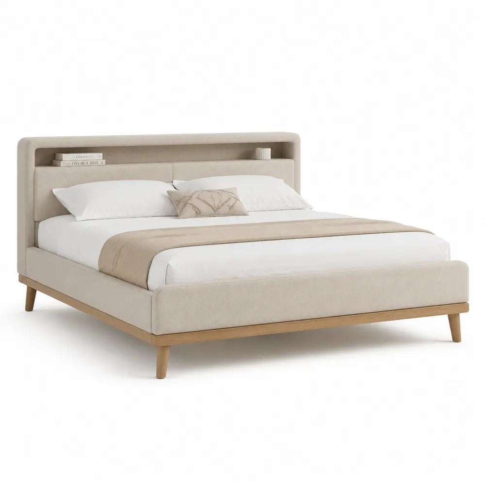 Lit double rembourré beige et bois clair 160 x 200 cm avec tête de lit à étagère, 219 x 178 x 120 cm