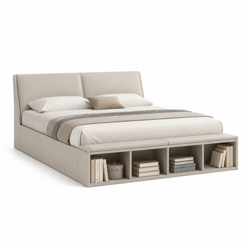 Lit double rembourré beige et taupe 180 x 200 cm avec banquette intégrée et 4 compartiments de rangement
