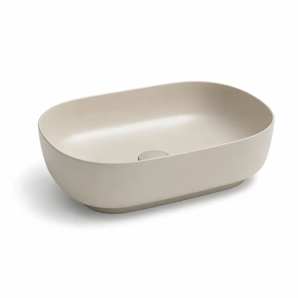 Vasque à poser en céramique beige mat, forme rectangulaire arrondie, 60 × 40 × 15 cm