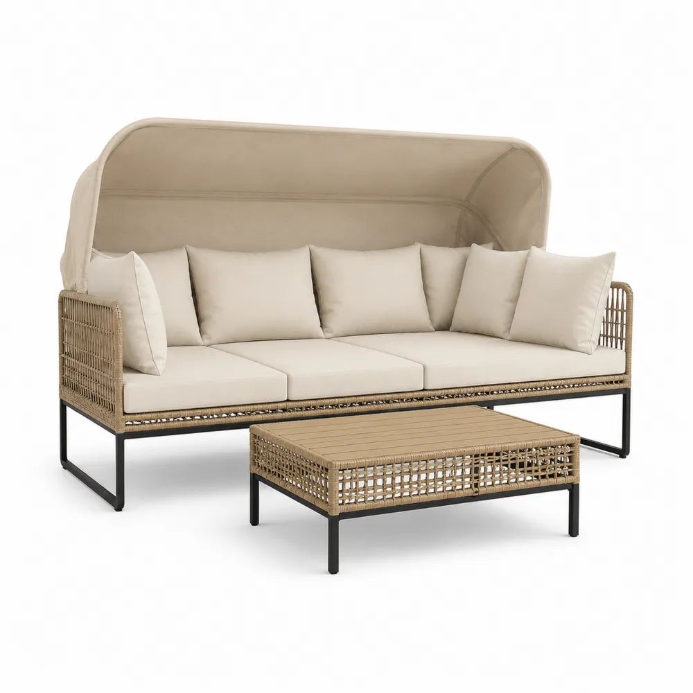 Salon de jardin 2 pièces beige, noir et crème avec canapé 3 places à auvent en rotin PE 200 × 75 × 165 cm et table basse 90 × 55 × 40 cm