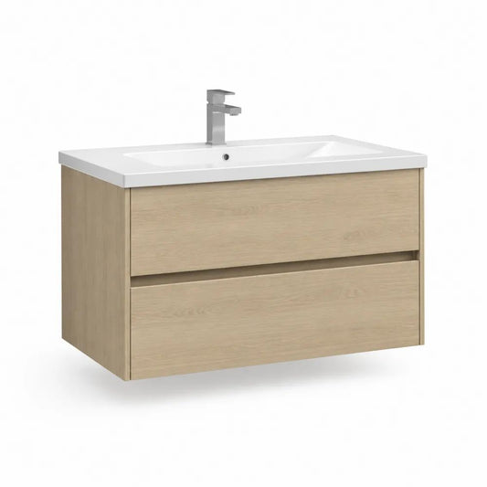 Ensemble meuble de salle de bain suspendu en bois 80 x 46 x 55 cm avec vasque en céramique, 2 tiroirs et robinet, chêne clair, blanc et argent
