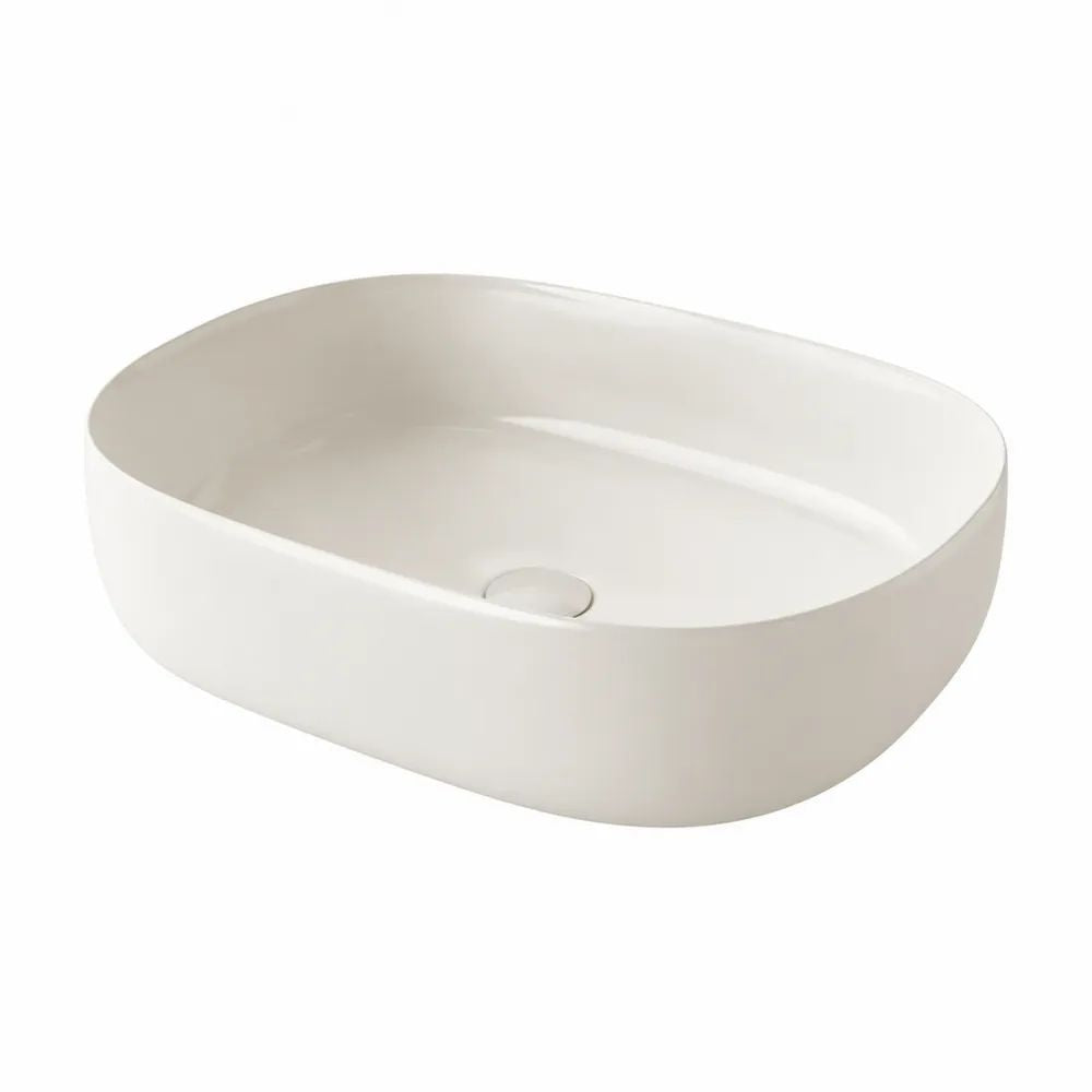 Vasque à poser en céramique blanc cassé, forme rectangulaire arrondie, 60 × 40 × 14 cm, sans trop-plein