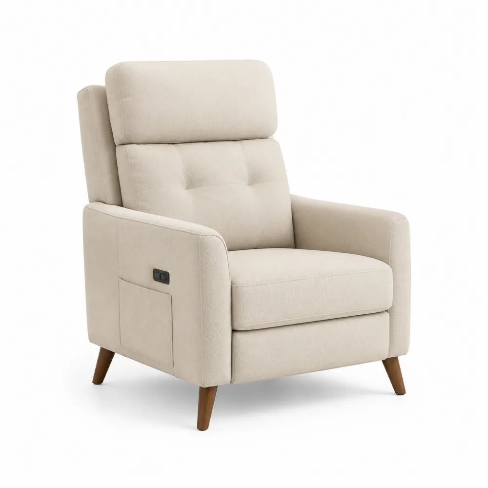 Fauteuil relax électrique 1 place en tissu beige avec dossier haut et pieds en bois, 78 x 91 x 104 cm