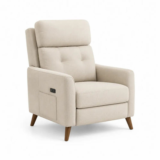 Fauteuil relax électrique 1 place en tissu beige avec dossier haut et pieds en bois, 78 x 91 x 104 cm