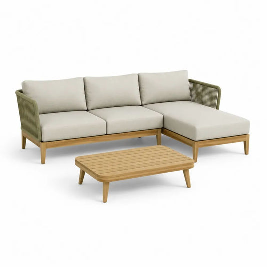 Salon de jardin d’angle 3 places en bois, métal et corde, beige, vert olive et bois naturel, canapé 218 × 148 × 74 cm et table basse 100 × 60 × 35 cm