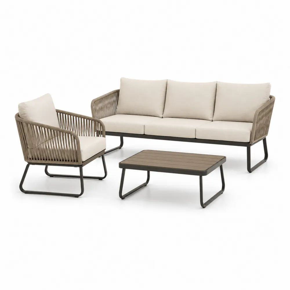 Salon de jardin extérieur 4 places 3 pièces en acier, corde et tissu beige/taupe/anthracite avec canapé 191 x 75 x 76 cm, fauteuil 75 x 75 x 76 cm et table basse 100 x 55 x 38 cm