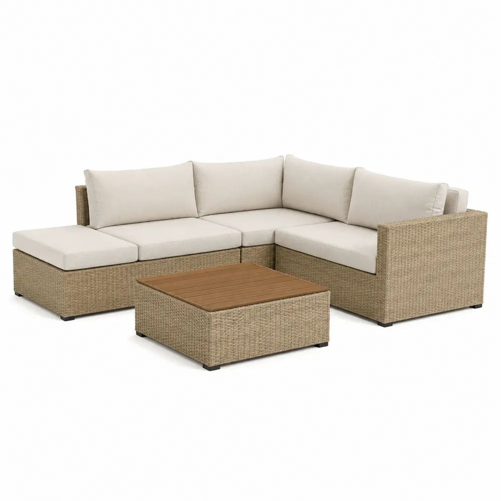 Salon de jardin extérieur 4 pièces en résine tressée taupe, canapé d’angle 4 places avec coussins beiges et table basse marron, 228 x 228 x 70 cm