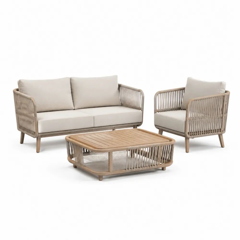 Salon de jardin extérieur 3 pièces et 3 places en aluminium, corde et bois, beige, taupe et brun clair – canapé 145 × 75 × 76 cm, fauteuil 78 × 75 × 76 cm et table basse 100 × 60 × 38 cm