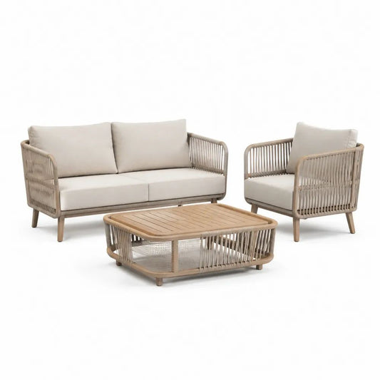 Salon de jardin extérieur 3 pièces et 3 places en aluminium, corde et bois, beige, taupe et brun clair – canapé 145 × 75 × 76 cm, fauteuil 78 × 75 × 76 cm et table basse 100 × 60 × 38 cm