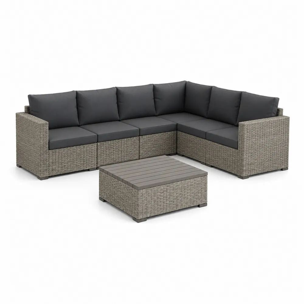 Salon de jardin d’angle 7 pièces, 6 places, en résine tressée et métal, gris et anthracite, 250 × 190 × 72 cm