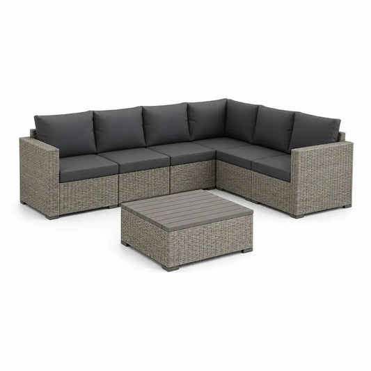 Salon de jardin d’angle 7 pièces, 6 places, en résine tressée et métal, gris et anthracite, 250 × 190 × 72 cm