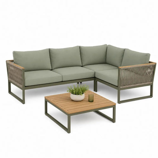 Salon de jardin d’angle extérieur 4 places avec table basse, acier, corde PP et bois, vert sauge, canapé 228 × 168 × 76 cm, table 80 × 80 × 38 cm