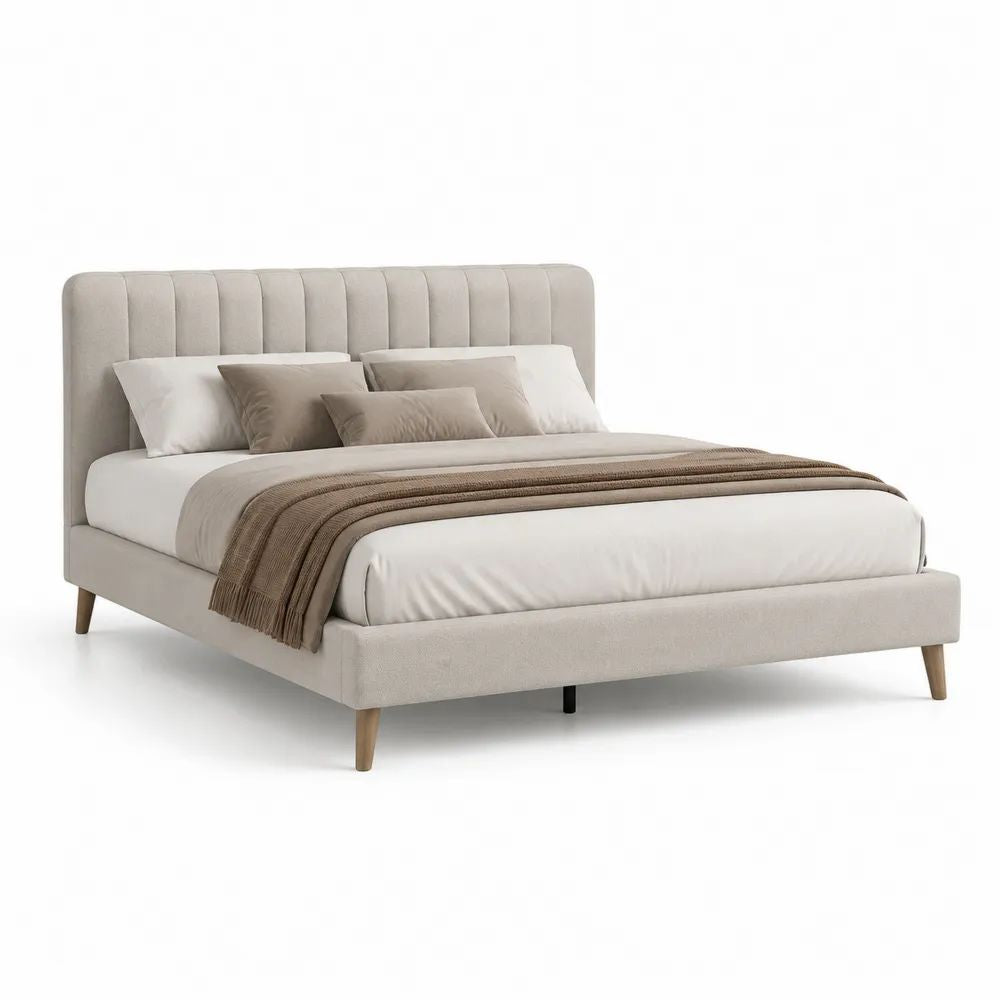 Lit double rembourré 160 x 200 cm en tissu beige et bois naturel avec tête de lit à panneaux verticaux et sommier à lattes
