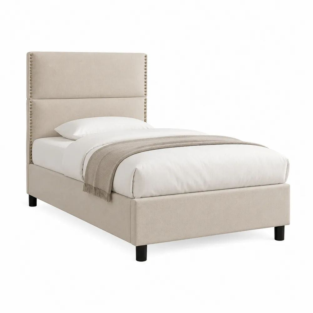 Lit simple rectangulaire 90 x 190 cm en tissu beige avec tête de lit rembourrée cloutée, 203 x 99 x 140 cm