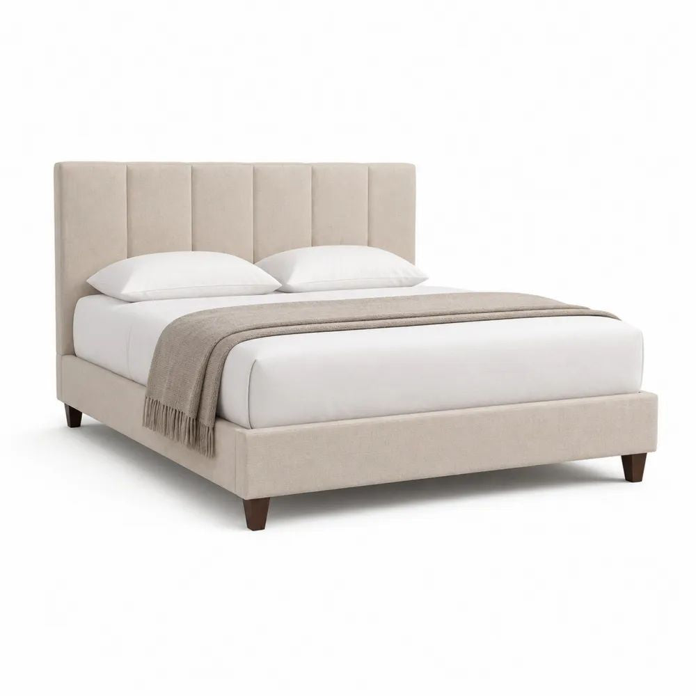 Lit double rembourré 160 x 200 cm en polyester beige avec tête de lit rectangulaire
