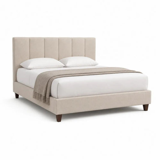 Lit double rembourré 160 x 200 cm en polyester beige avec tête de lit rectangulaire