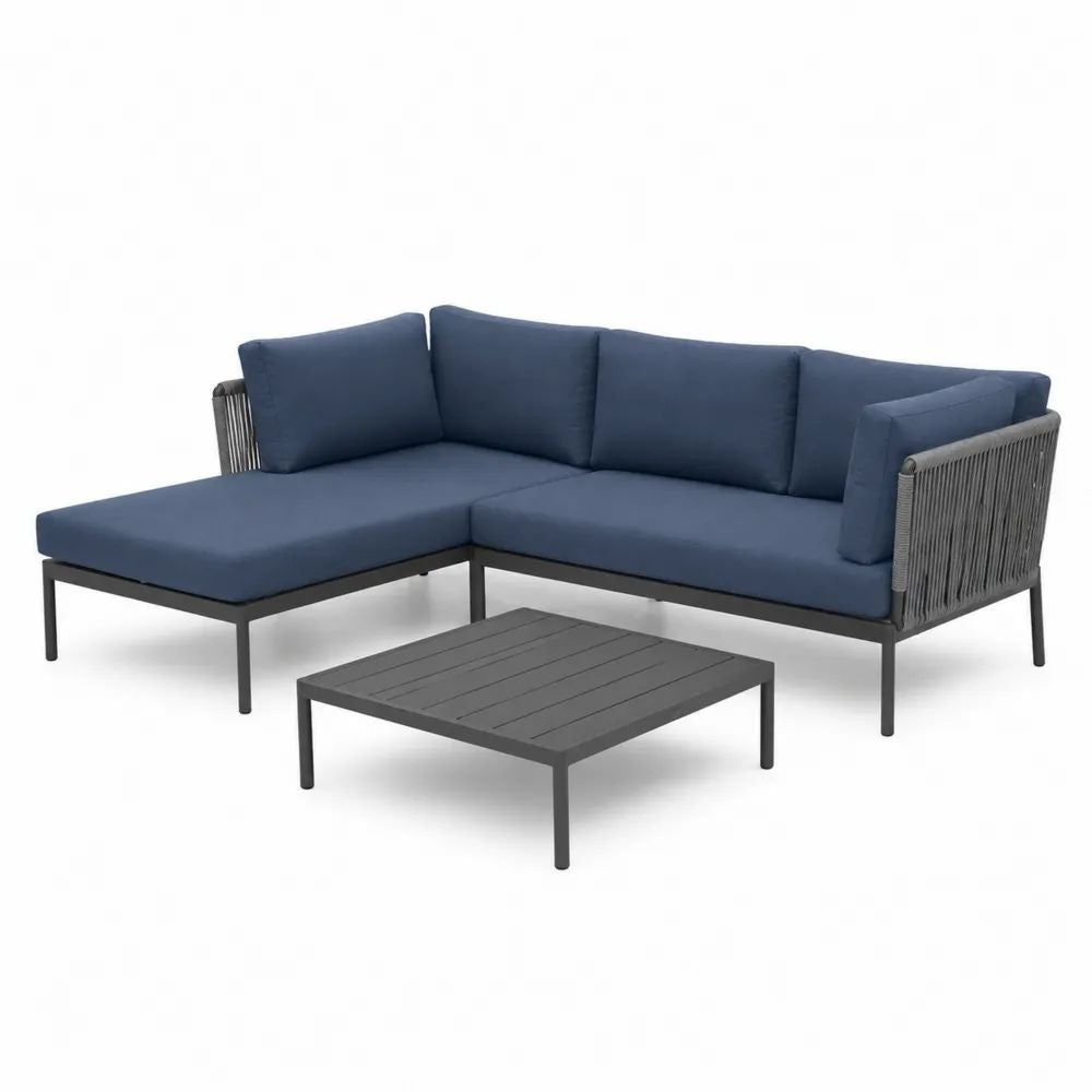 Salon de jardin extérieur 3 pièces avec canapé d’angle et méridienne gauche en aluminium et corde, bleu marine et gris, 216 × 145 × 75 cm, table 80 × 60 × 35 cm