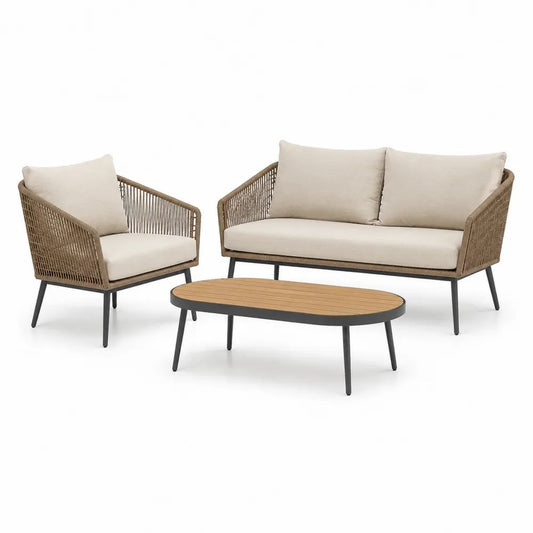 Salon de jardin extérieur 3 pièces et 3 places en acier et corde PE, beige, taupe, noir et brun clair – canapé 150 × 75 × 79 cm, fauteuil 73 × 75 × 79 cm et table ovale 110 × 55 × 38 cm