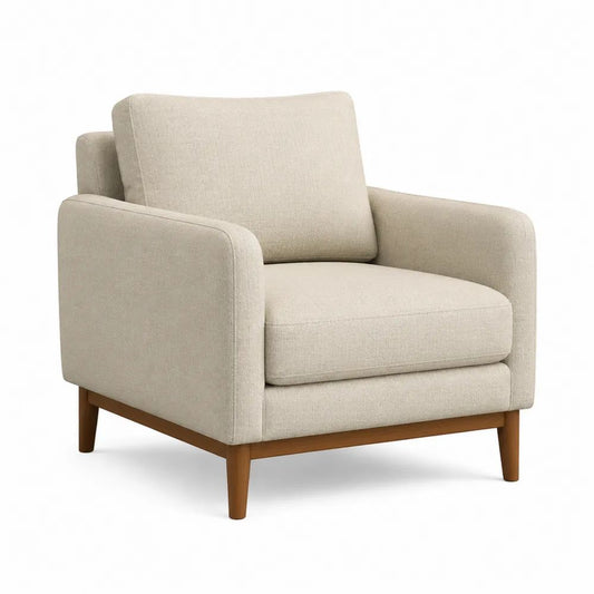Fauteuil 1 place en tissu beige avec pieds en bois brun, 90 x 88 x 85 cm