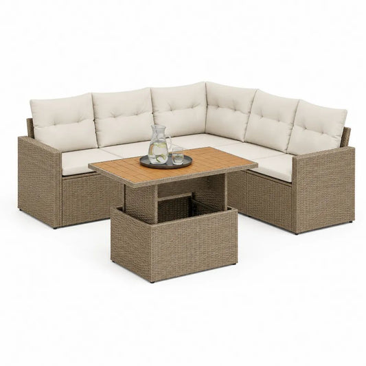 Salon de jardin d’angle 3 pièces en résine tressée PE et acier, 6 places, coussins beige, table rectangulaire, 232 × 171 × 84 cm