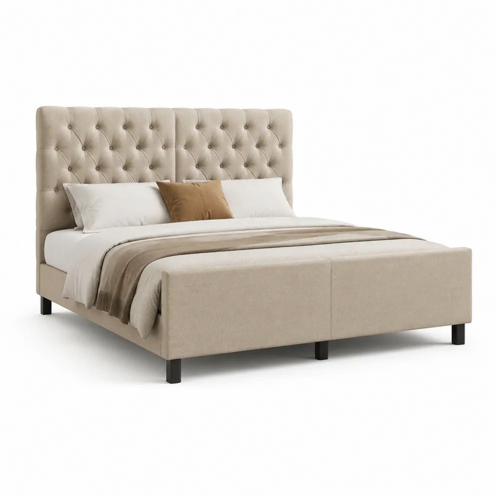 Lit double rembourré beige et noir avec tête de lit capitonnée et sommier à lattes, couchage 160 × 200 cm, dimensions 214 × 170 × 120 cm