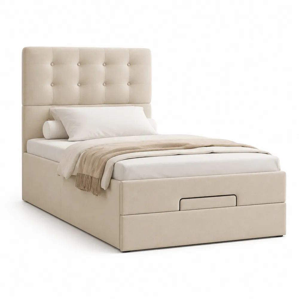 Lit simple rembourré beige avec tête de lit capitonnée, tiroir de rangement et sommier à lattes, couchage 90 x 190 cm, dimensions 203 x 100 x 120 cm