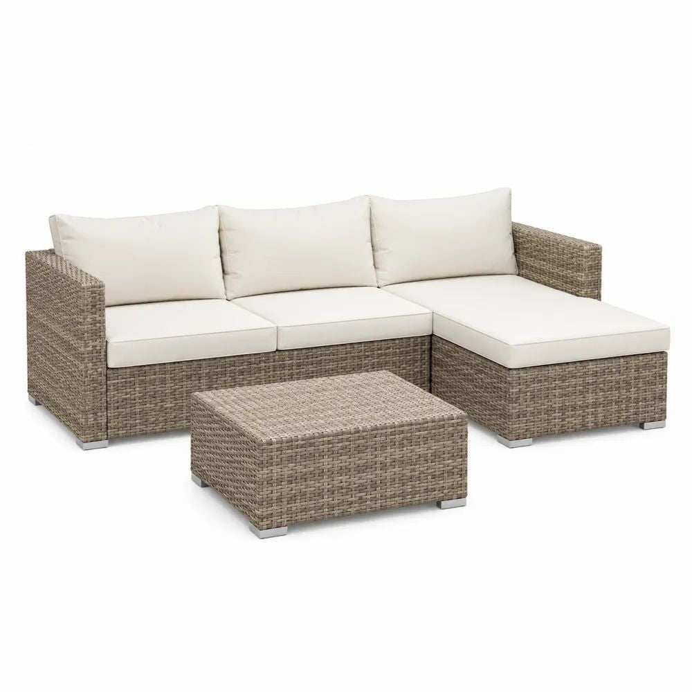 Salon de jardin 3 pièces en résine tressée et acier, canapé d’angle 3 places avec méridienne droite et table basse, beige et crème, 194 × 132 × 64 cm