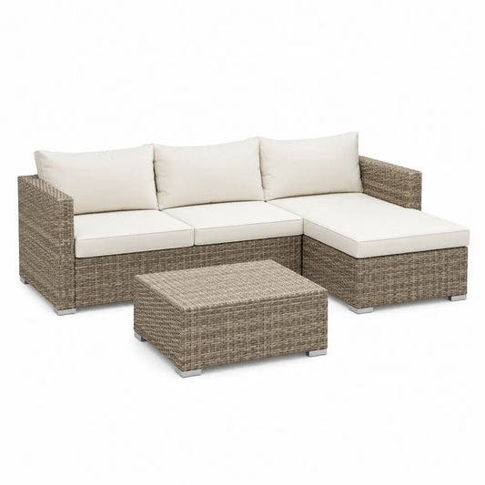 Salon de jardin 3 pièces en résine tressée et acier, canapé d’angle 3 places avec méridienne droite et table basse, beige et crème, 194 × 132 × 64 cm
