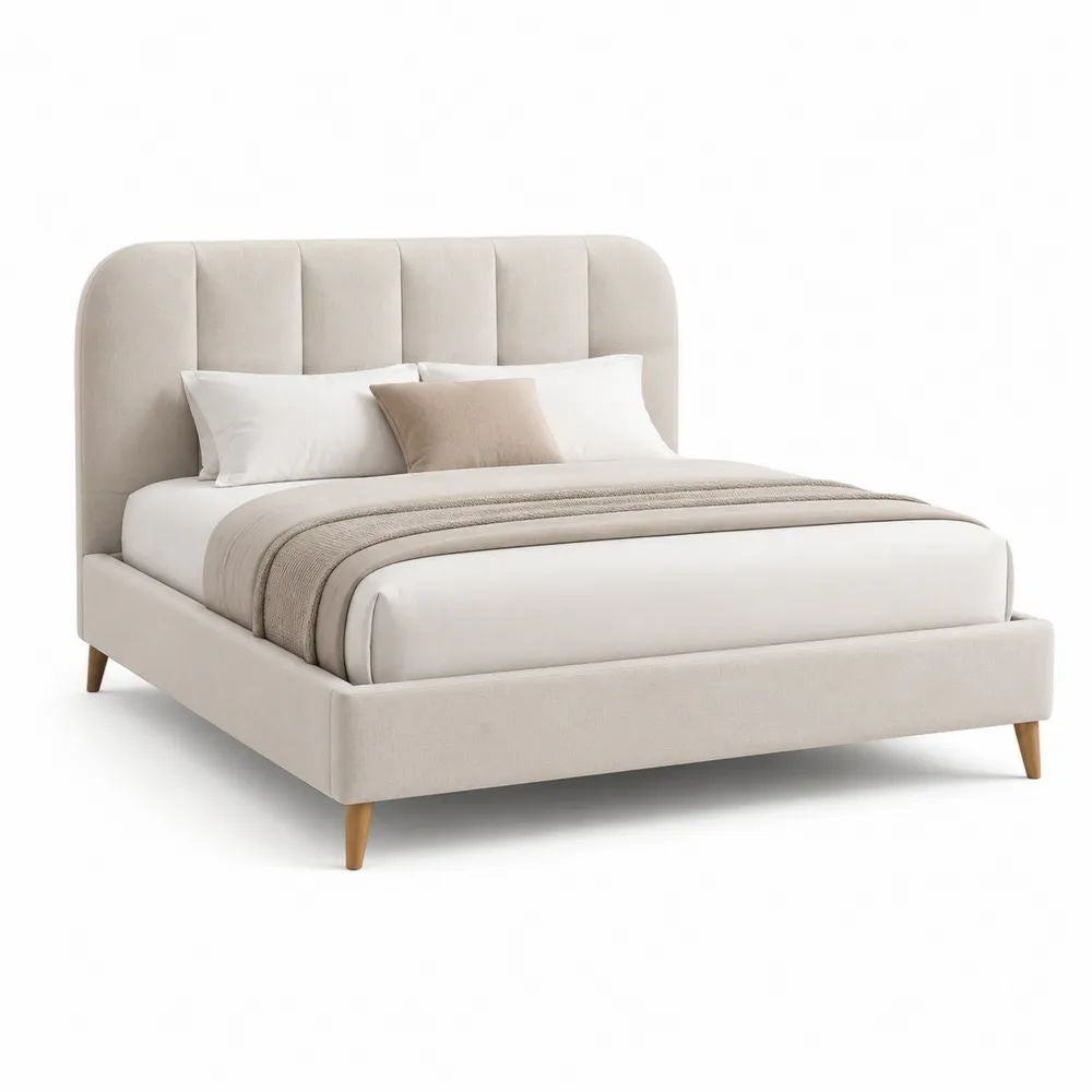 Lit double rembourré en velours 160 x 200 cm beige avec tête de lit à panneaux verticaux