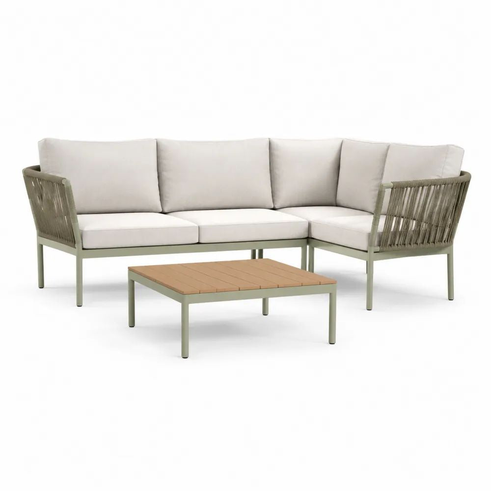 Salon de jardin extérieur 2 pièces avec canapé d’angle 4 places en aluminium et corde tressée vert sauge, coussins beige, 230 × 165 × 78 cm, table basse 100 × 60 × 35 cm