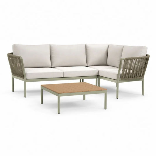 Salon de jardin extérieur 2 pièces avec canapé d’angle 4 places en aluminium et corde tressée vert sauge, coussins beige, 230 × 165 × 78 cm, table basse 100 × 60 × 35 cm