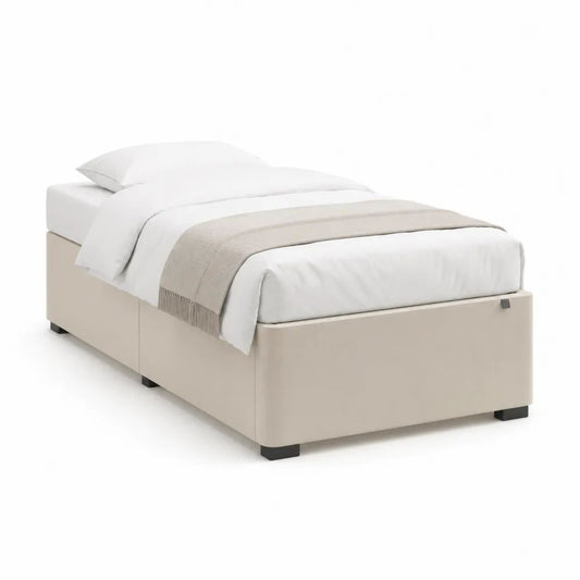 Lit coffre 1 place en polyester et panneaux de bois d’ingénierie beige, couchage 90 x 190 cm