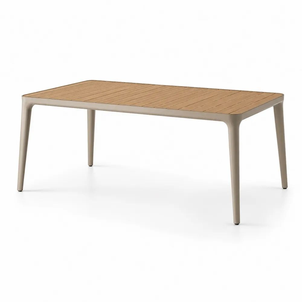 Table de jardin rectangulaire 6 personnes en aluminium, plateau à lattes effet chêne clair, beige, 180 × 90 × 75 cm