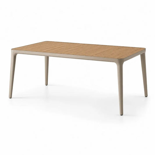 Table de jardin rectangulaire 6 personnes en aluminium, plateau à lattes effet chêne clair, beige, 180 × 90 × 75 cm