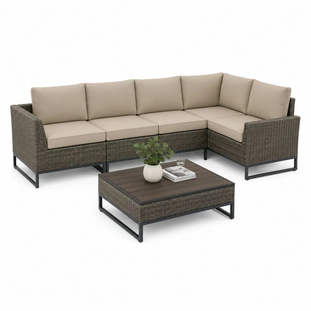 Salon de jardin extérieur 3 pièces, canapé d’angle 5 places en résine tressée et acier avec table basse, beige taupe, brun taupe et noir, 243 x 183 x 73 cm