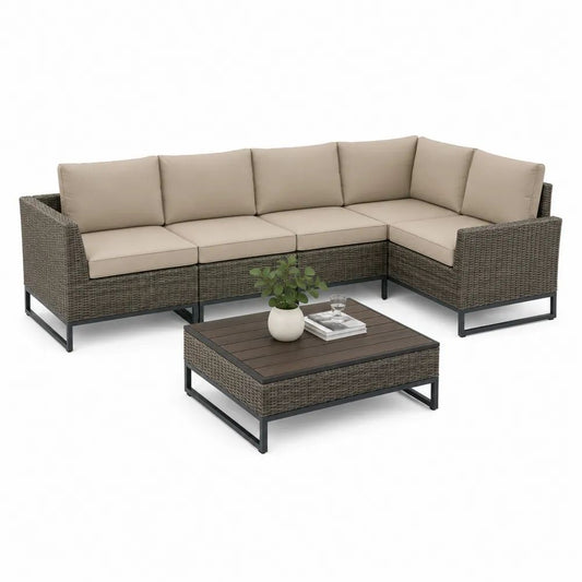 Salon de jardin extérieur 3 pièces, canapé d’angle 5 places en résine tressée et acier avec table basse, beige taupe, brun taupe et noir, 243 x 183 x 73 cm