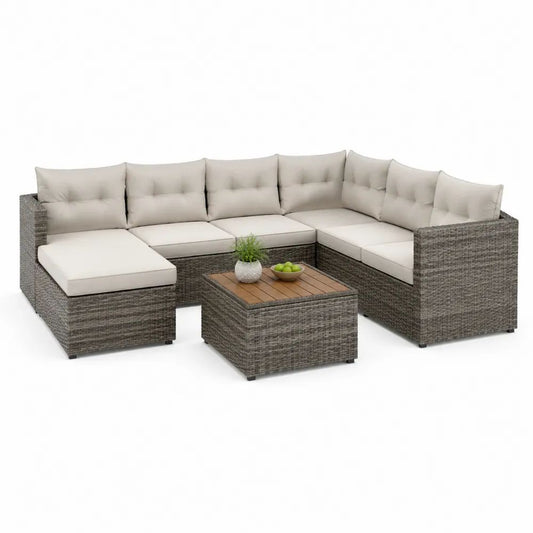 Salon de jardin extérieur d’angle 7 places en forme de U avec table basse, polyéthylène tressé gris et coussins beiges, 270 × 205 × 72 cm
